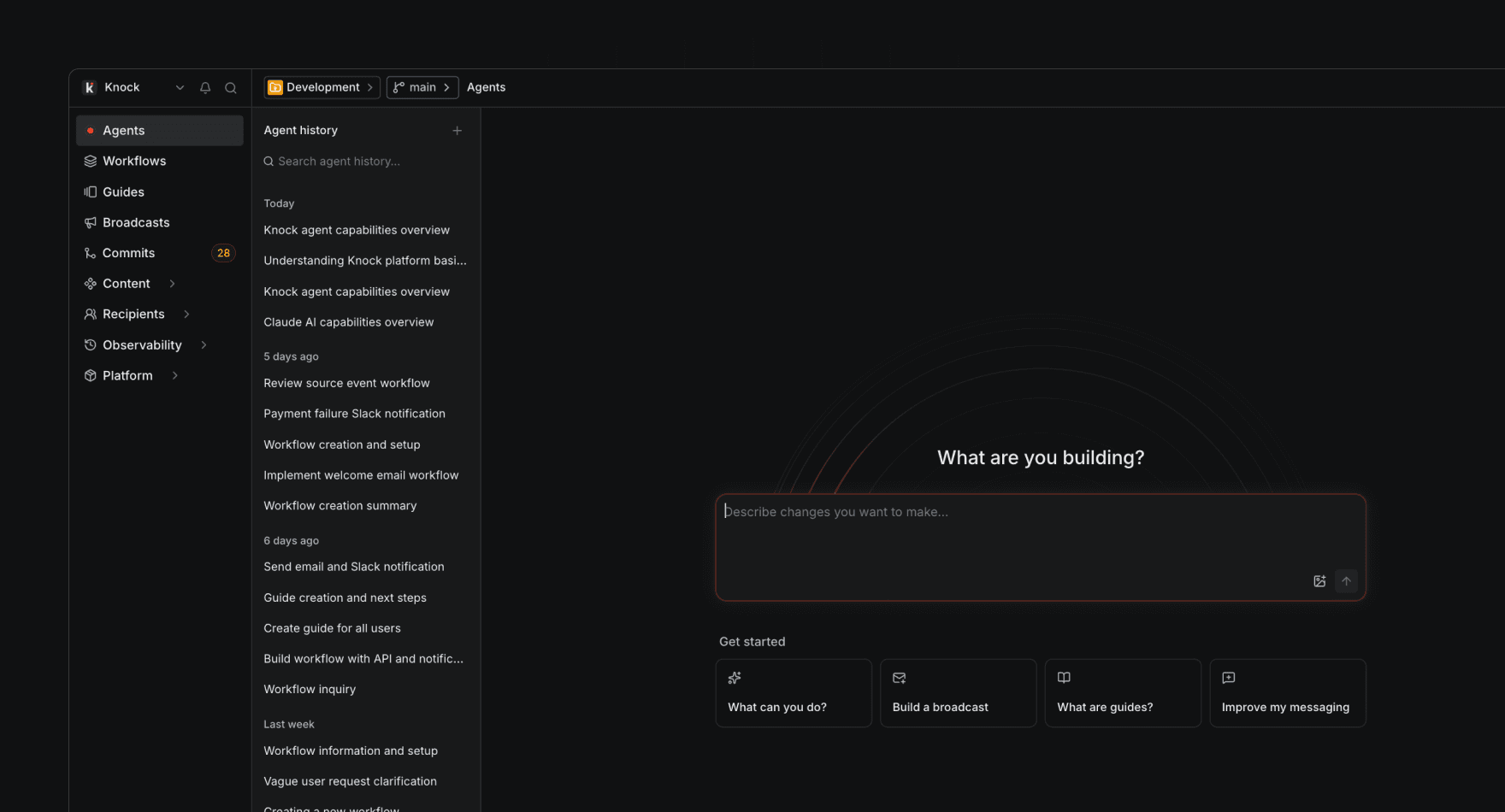 The Knock Agent dashboard showing conversation history and prompt interface